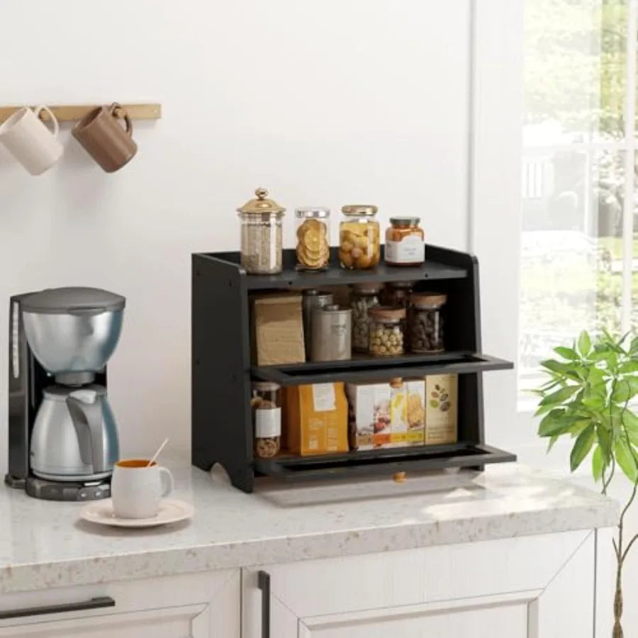 Double Layer Bread Box for Kitchen Countertop with Acrylic Door Wooden Farmhouse Bread Holder