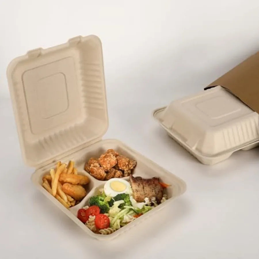 100 Pack 3 Compartment Compostable 8x9 Inch Takeout Lunch Box Containers with Lid for Food Storage and To Go Meals Eco-Friendly