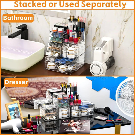 Clear Acrylic Makeup Organizer with 8 Drawers, Stackable Vanity Skincare Storage for Bathroom and Desk