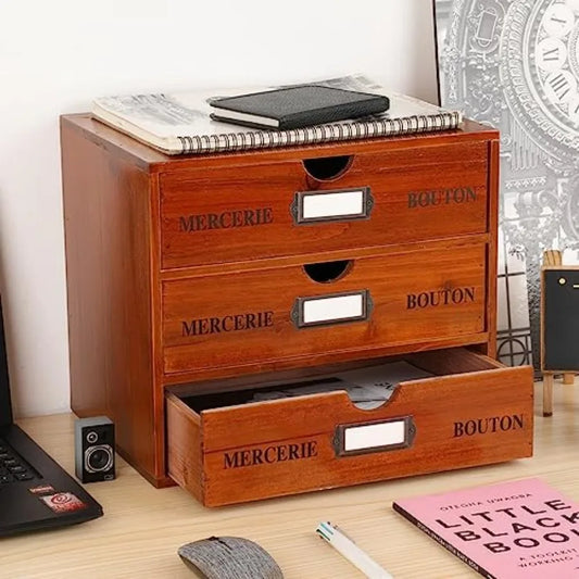 Wooden Storage Box Rustic Desktop Organizer with 3 Drawers Office Desk Accessories Shelf Large Craft Storage Containers Apothec