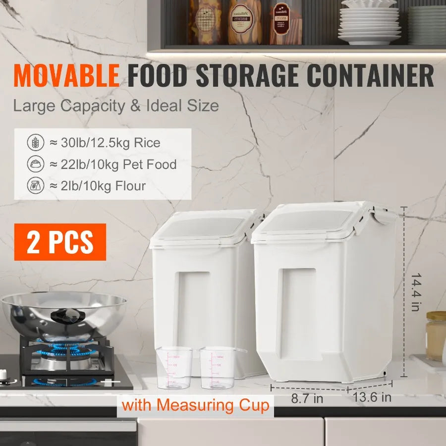 2 x 15L Pet Food Storage Bin with Measuring Cups PP Material Airtight Kitchen Rice Cereal Flour Container with Casters White