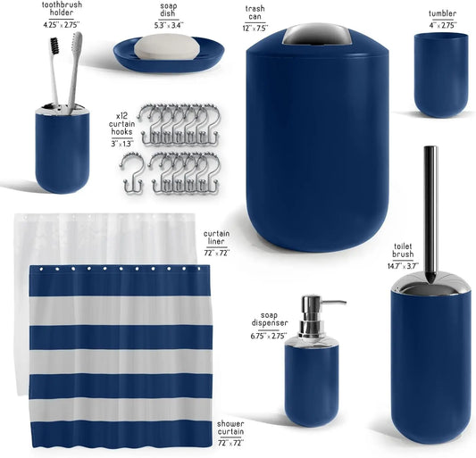 Navy Bathroom Accessory Set, 20PC Shower Curtain with Liner, Toothbrush Holder, Soap Dispenser, Dish, Toilet Brush and Trash Can