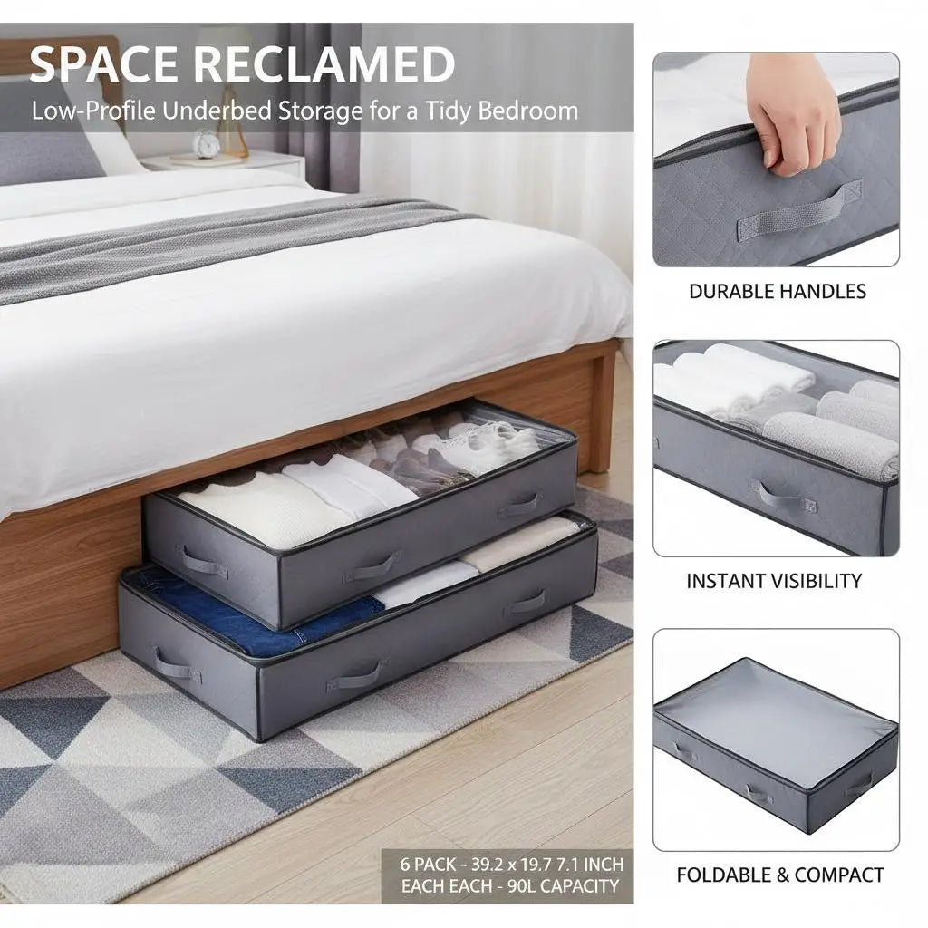 Underbed Storage Containers 39.2 x 19.7 x 7.1 Inch For Bedroom Dormitory Closet, 90L Capacity Low Profile Drawer Design Trans