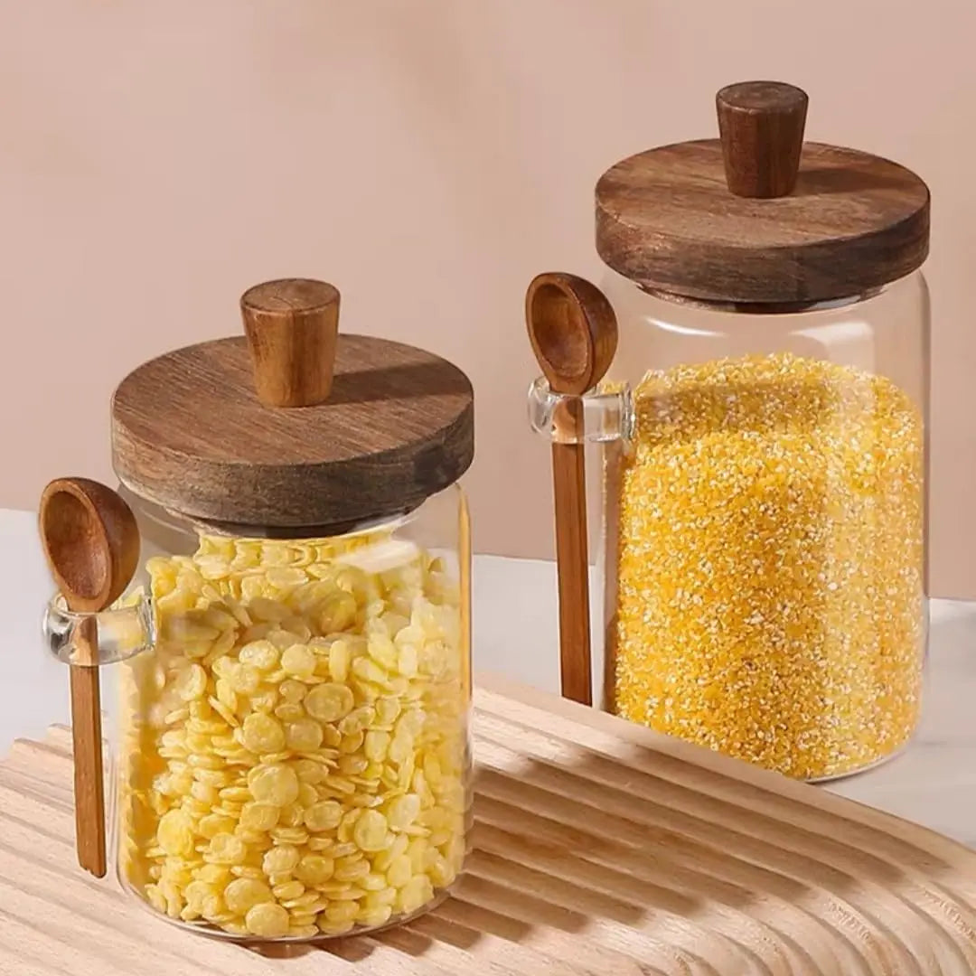 Glass Jar with Wooden Lid and Spoon, 20.3oz Food Storage Containers Coffee Jar Coffee Grounds Container,