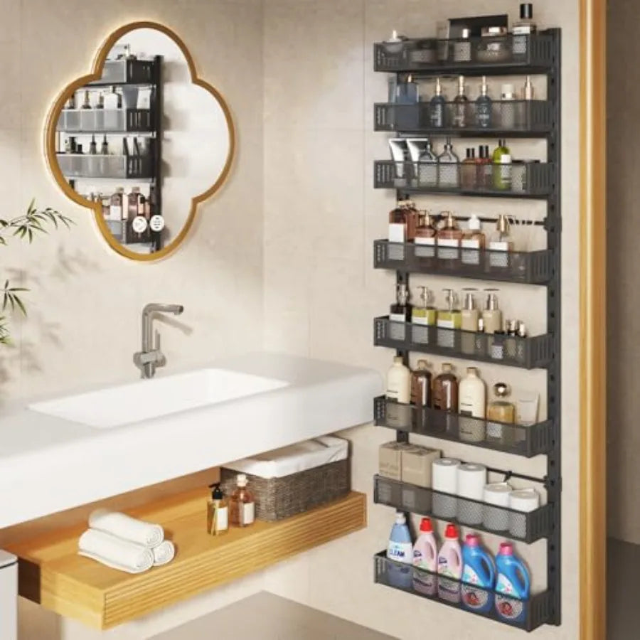 8-Tier Large Metal Heavy-Duty Over the Door Spice Rack 2-in-1 Wall-Mounted or Hanging Storage Organizer for Kitchen Bathroom La