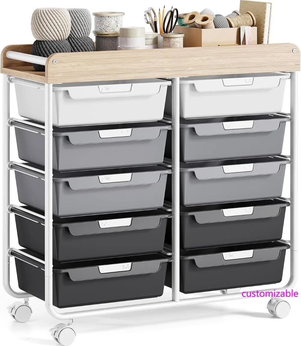 10 Drawers Rolling Cart with Lockable Wheels, Multi-Use Storage Organizer for Home Office Kitchen