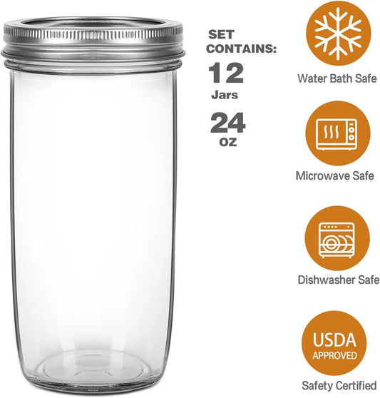 Wide Mouth 24oz Glass Canning Jars, 12-Pack with Airtight Lids for Food Storage and DIY Projects