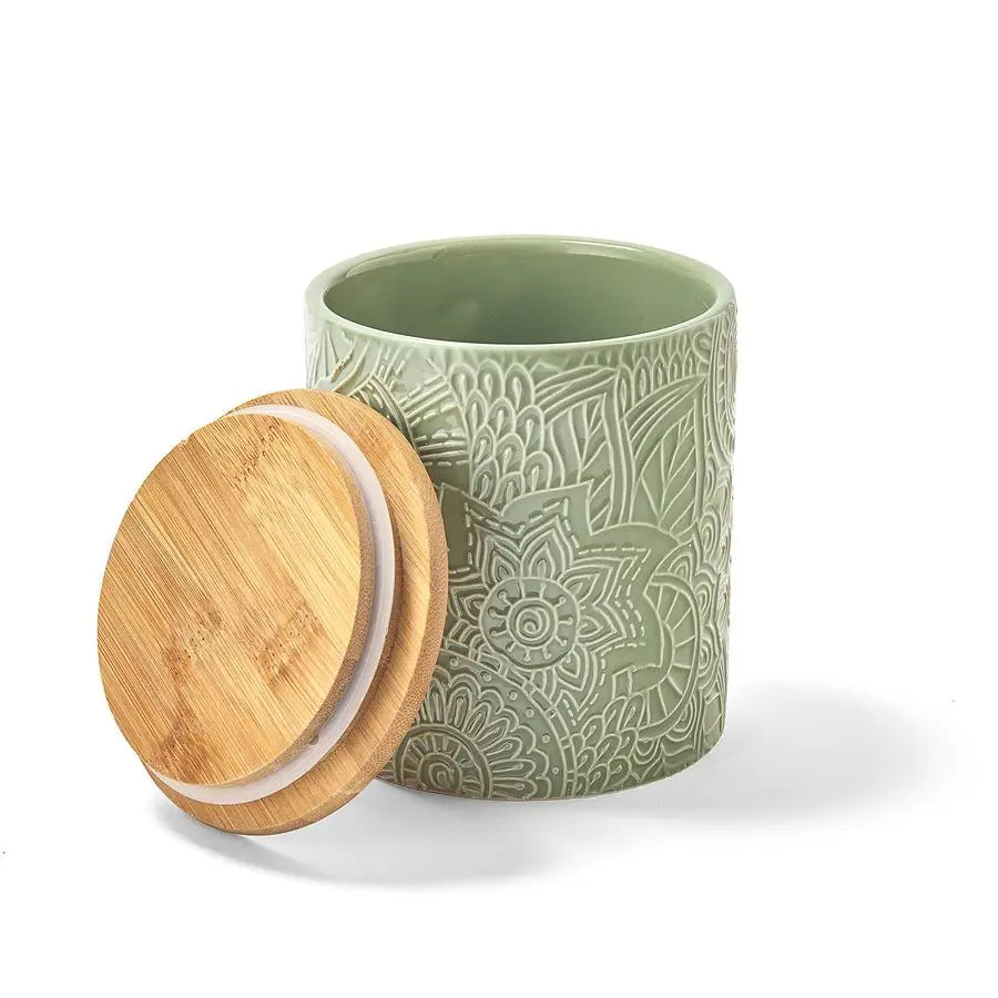 Embossed Canister Set 4Piece Ceramic Set Jar Container with Wooden Lids for Cookies, Candy, Coffee, Flour, Sugar, Rice, Pasta, C