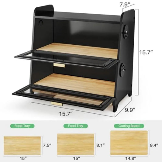 Bread Box - Kitchen Countertop Bread Storage Container with Bamboo Cutting Board Adjustable Vent Hole Dials