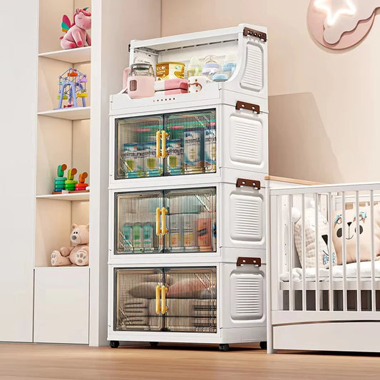 Large Foldable Flip-Top Transparent Storage Cabinet with Wheels, Space-Saving Mobile Organizer for Kitchen Bedroom Living Room