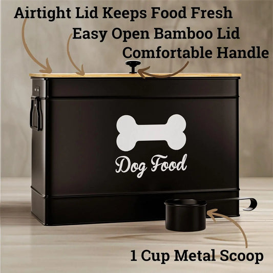 Airtight Dog Food Container with Metal Scoop, 15 lb Capacity, Bamboo Lid for Fresh Storage