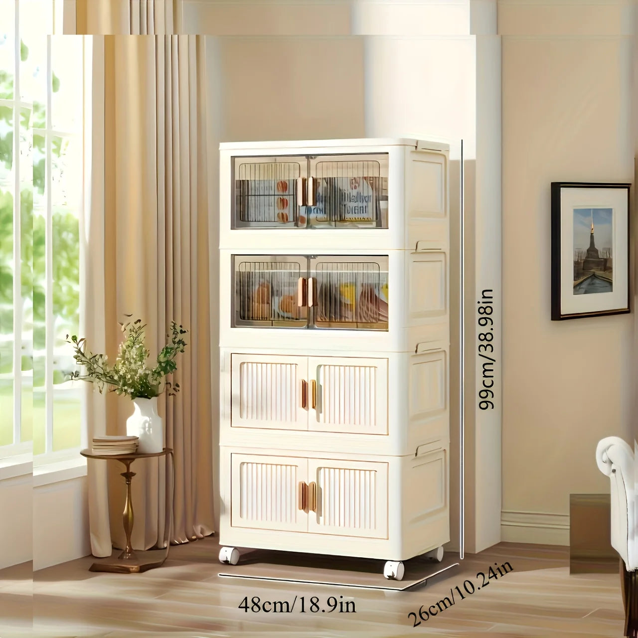 Oversized 3-5 Tier Foldable Storage Cabinet with Wheels, No Assembly Magnetic Doors Organizer for Living Room, Bedroom & Office
