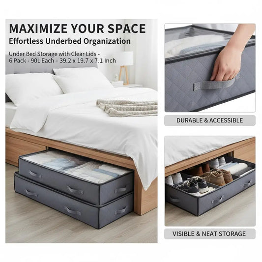 Underbed Storage Containers 39.2 x 19.7 x 7.1 Inch For Bedroom Dormitory Closet, 90L Capacity Low Profile Drawer Design Trans