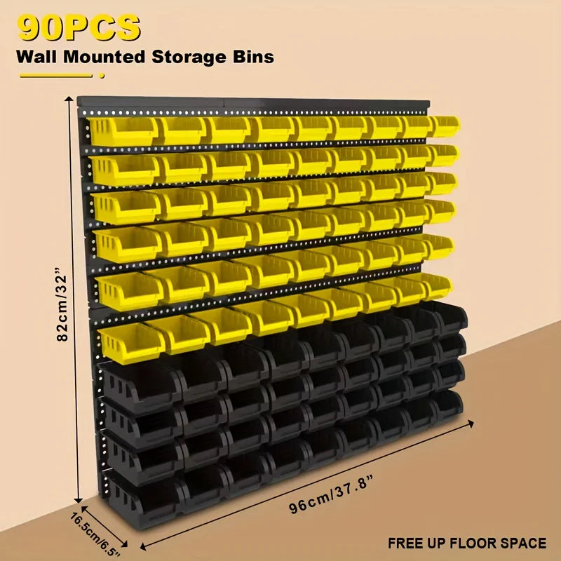 90pcs Adjustable Wall-Mount Plastic Storage Bins | Garage Tool Organizer | Organize Screws/Bolts/Nuts & Small Parts