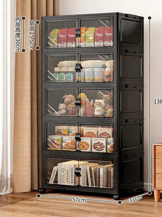 22.4 Inch Foldable Storage Box, Double Doors Multi-Layer No Assembly Organizer for Drinks/Snacks/Toys/Daily Items, Space-Saving