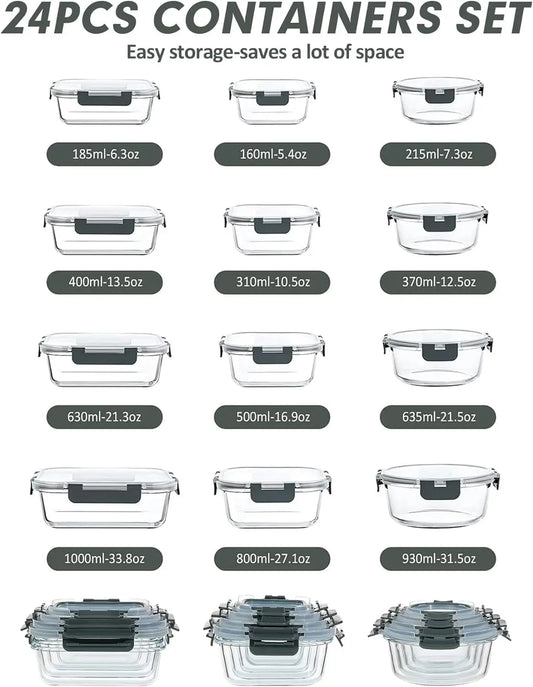 12-Pack Airtight Glass Food Storage Containers, Microwave & Dishwasher Safe, BPA-Free for Meal Prep
