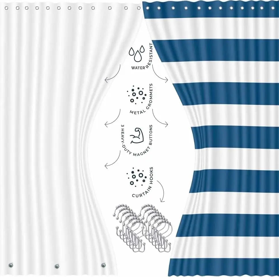 Navy Bathroom Accessory Set, 20PC Shower Curtain with Liner, Toothbrush Holder, Soap Dispenser, Dish, Toilet Brush and Trash Can