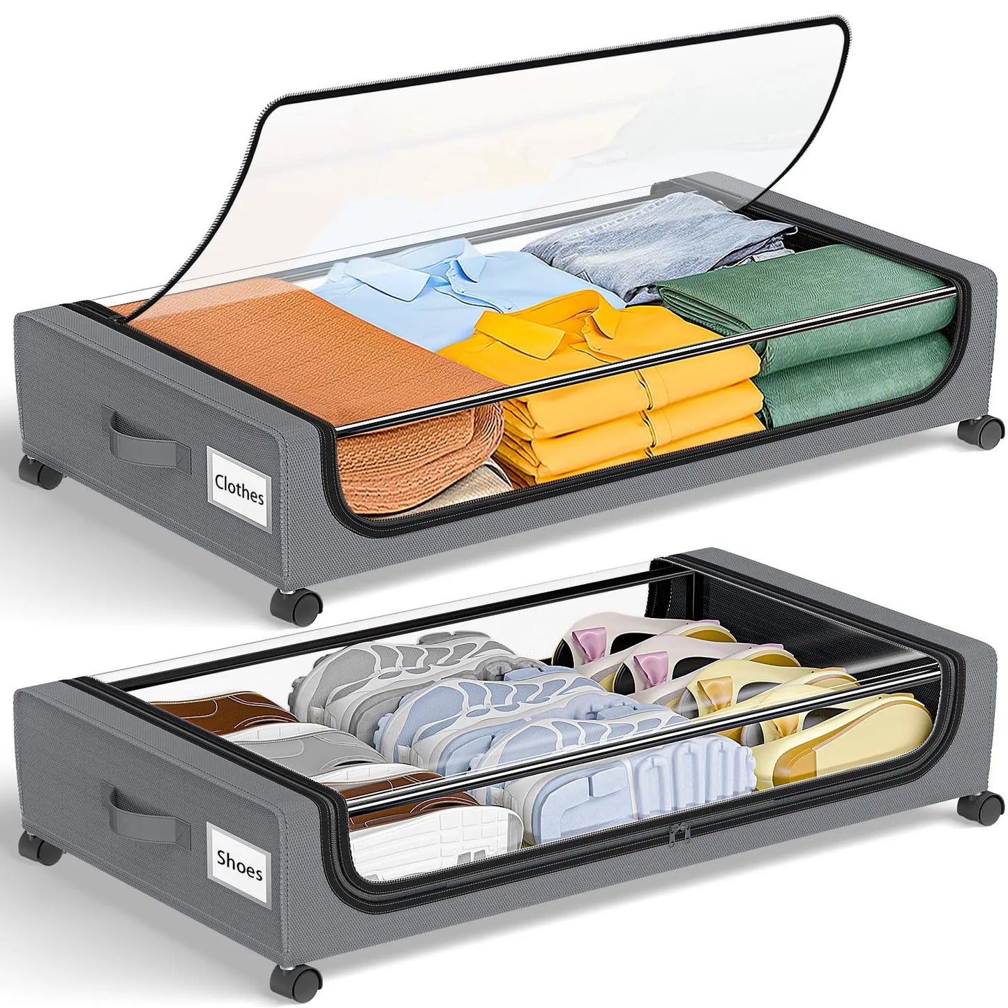 Under Bed Storage With Wheels, 2-Pack 48L Clear Lids & Label,