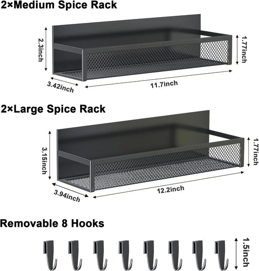 Magnetic Spice Rack for Refrigerator, 4 Pack Fridge Shelf with 8 Hooks for Kitchen Organization