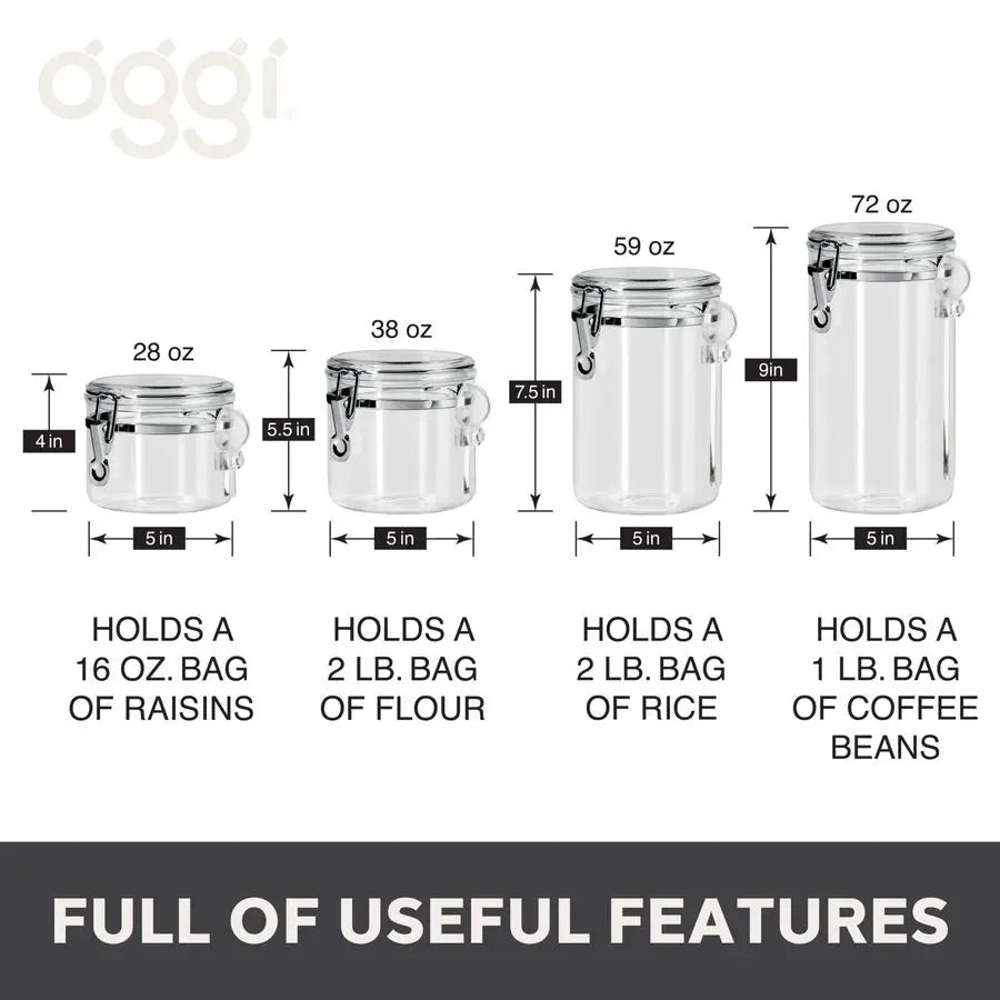 4pc Clear Canister Set with Clamp Lids and Spoons Airtight Food Storage Containers, Ideal for Kitchen and Pantry Storage