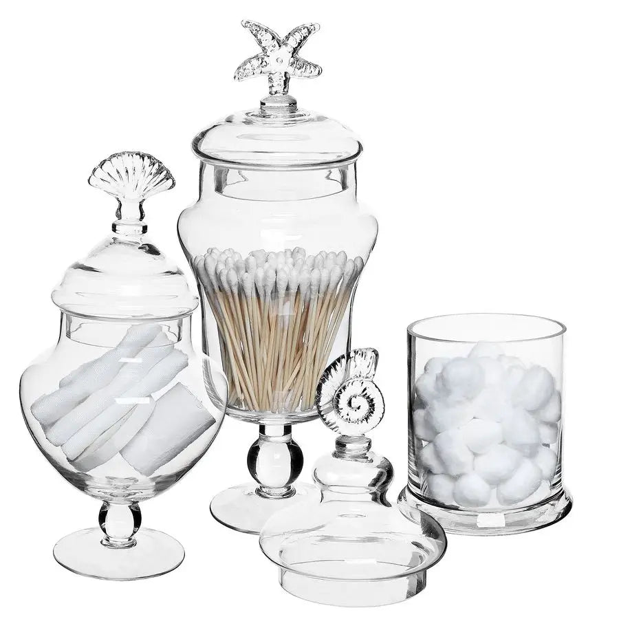 Clear Glass Apothecary Jars with Lid, Decorative Seashell Design Bathroom Canister, Footed Candy Buffet Containers, Set of 3