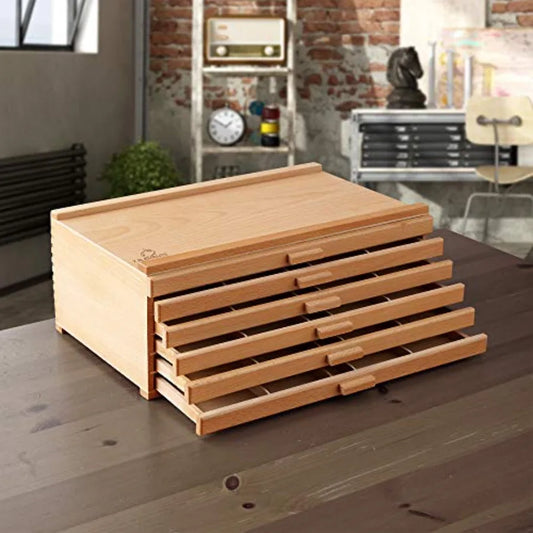 12 Drawer Wooden Artist Storage Box for Pastels Pencils Pens Markers Brushes and Tools in Brown with Organized Compact Design