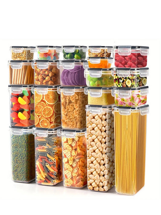42pcs Sealed food storage containers with LIDS plastic kitchen pantry, dry cargo jars of lactose, grain, flour, sugar, labeled,