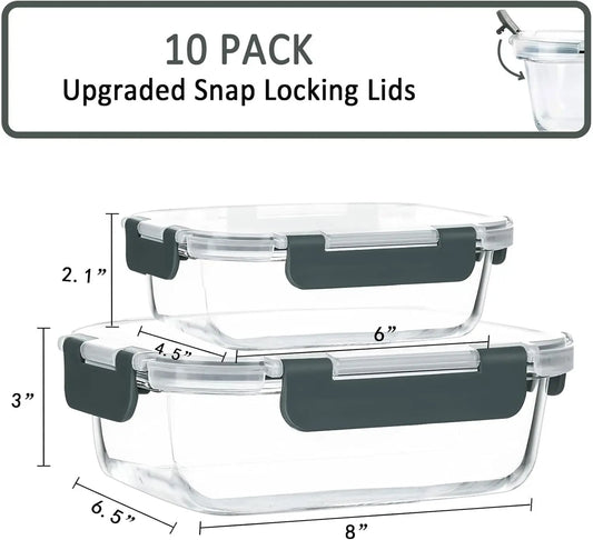 10-Pack Glass Meal Prep Containers with Lids, Airtight Food Storage for Microwave, Oven, Freezer & Dishwasher