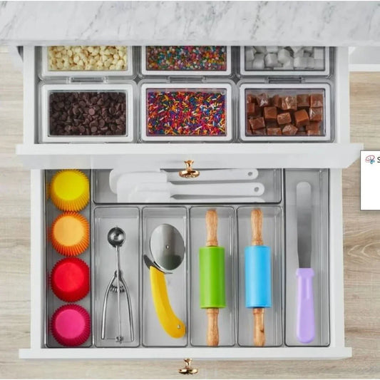 6 Piece Kitchen Drawer Organizer Set Modular Storage Bins BPA Free Clear Plastic Utensil Organization Solution