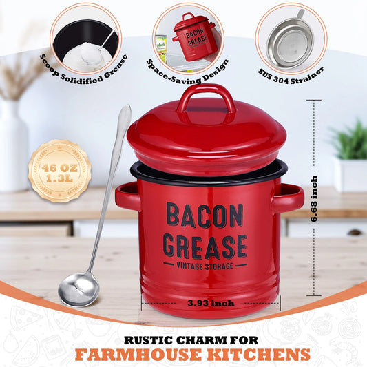 Bacon Grease Container with Strainer - Large 46OZ Red Kitchen Oil Storage Can, Food Saver Bin with Lid | Farmhouse Cooking Pot