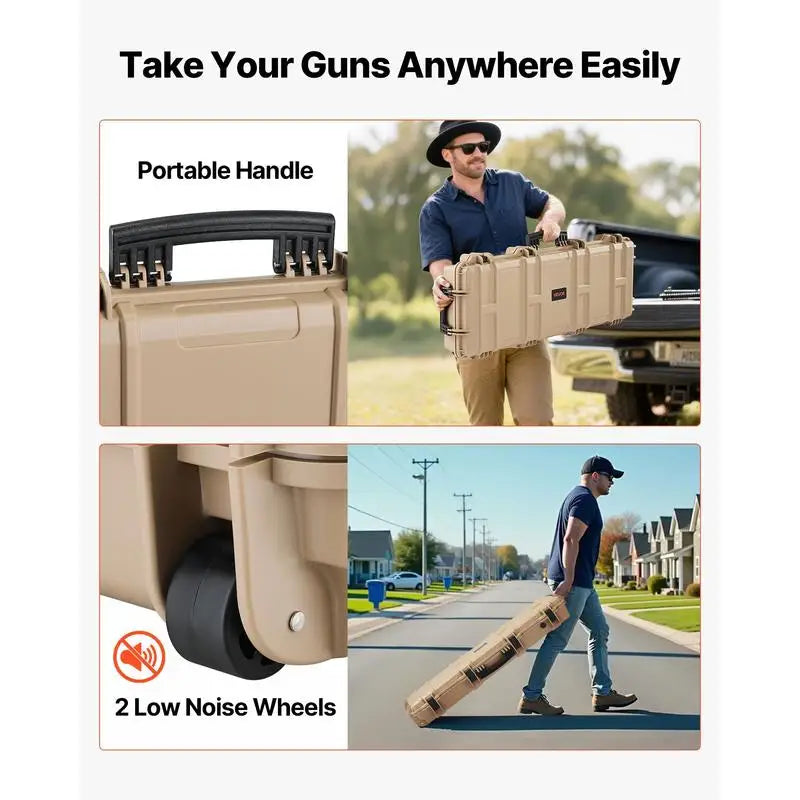 Rifle Protective Trunk 40 Inch For Hunting Shooting Range Tactical Training, Pre-cut Foam Lockable Latches Rolling Wheels Khaki Large Firearm Container Shotgun Airsoft Storage Case