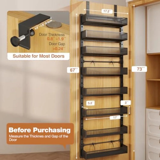 8-Tier Large Metal Heavy-Duty Over the Door Spice Rack 2-in-1 Wall-Mounted or Hanging Storage Organizer for Kitchen Bathroom La