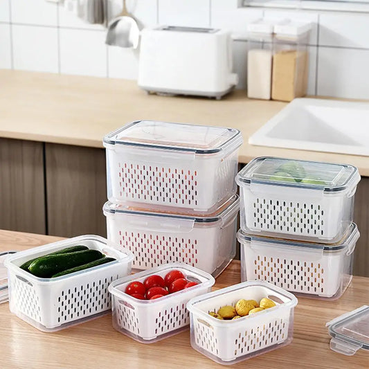 📦 US Warehouse Quick Ship Refrigerator Storage Box, Fridge Organizer with Drain Basket for Fresh Vegetables Fruits