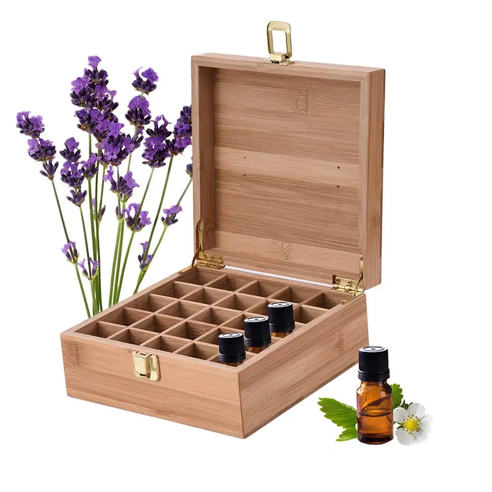 Bamboo Essential Oils Storage Box - Essential Oils Holder Essences Storage Organizer With 25 Slots Wooden Oil Case Holder For