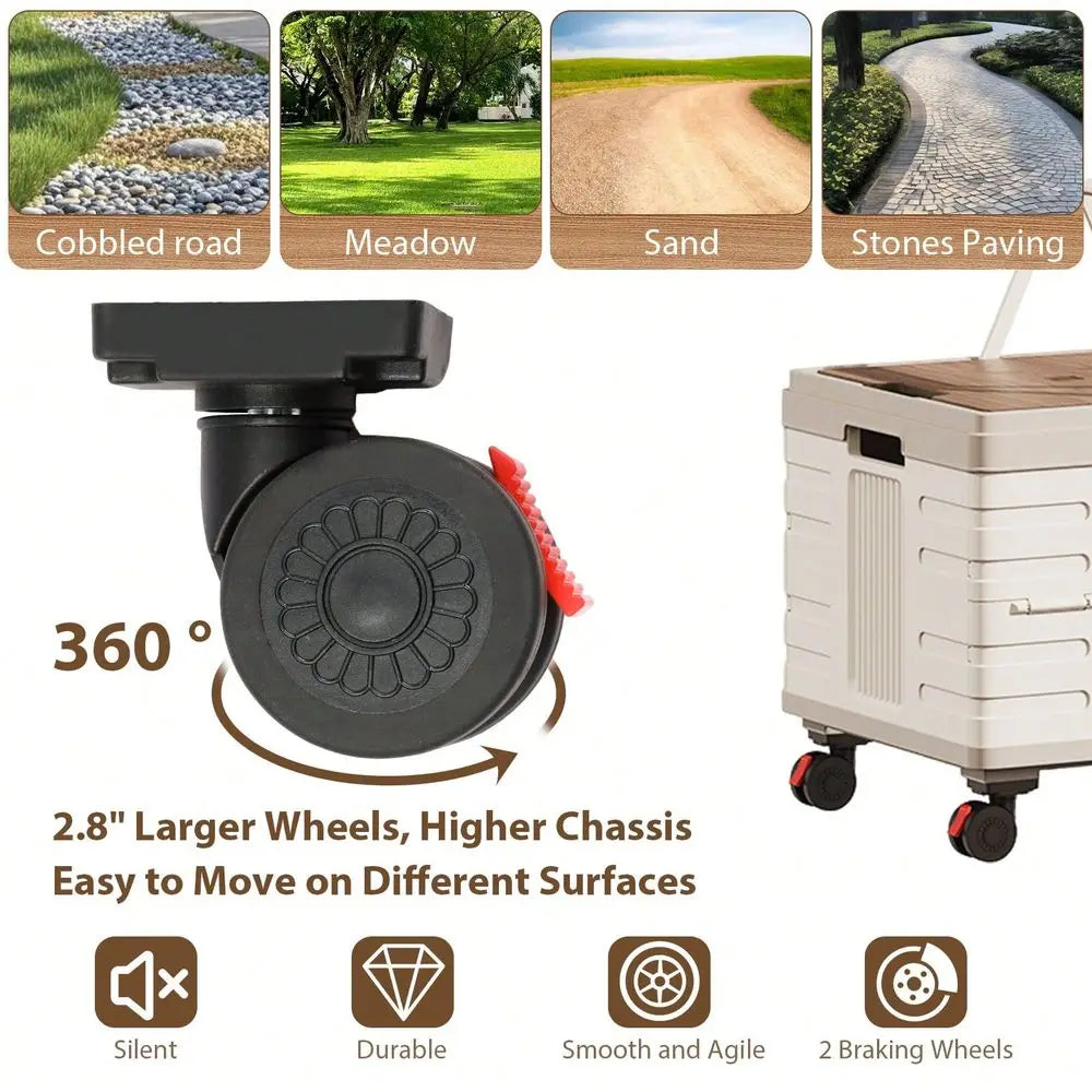 Utility Cart Portable Rolling Crate Handcart Shopping Trolley Collapsible Tool Box With Wooden Lid, Basket On 4 Rotate Wheels,