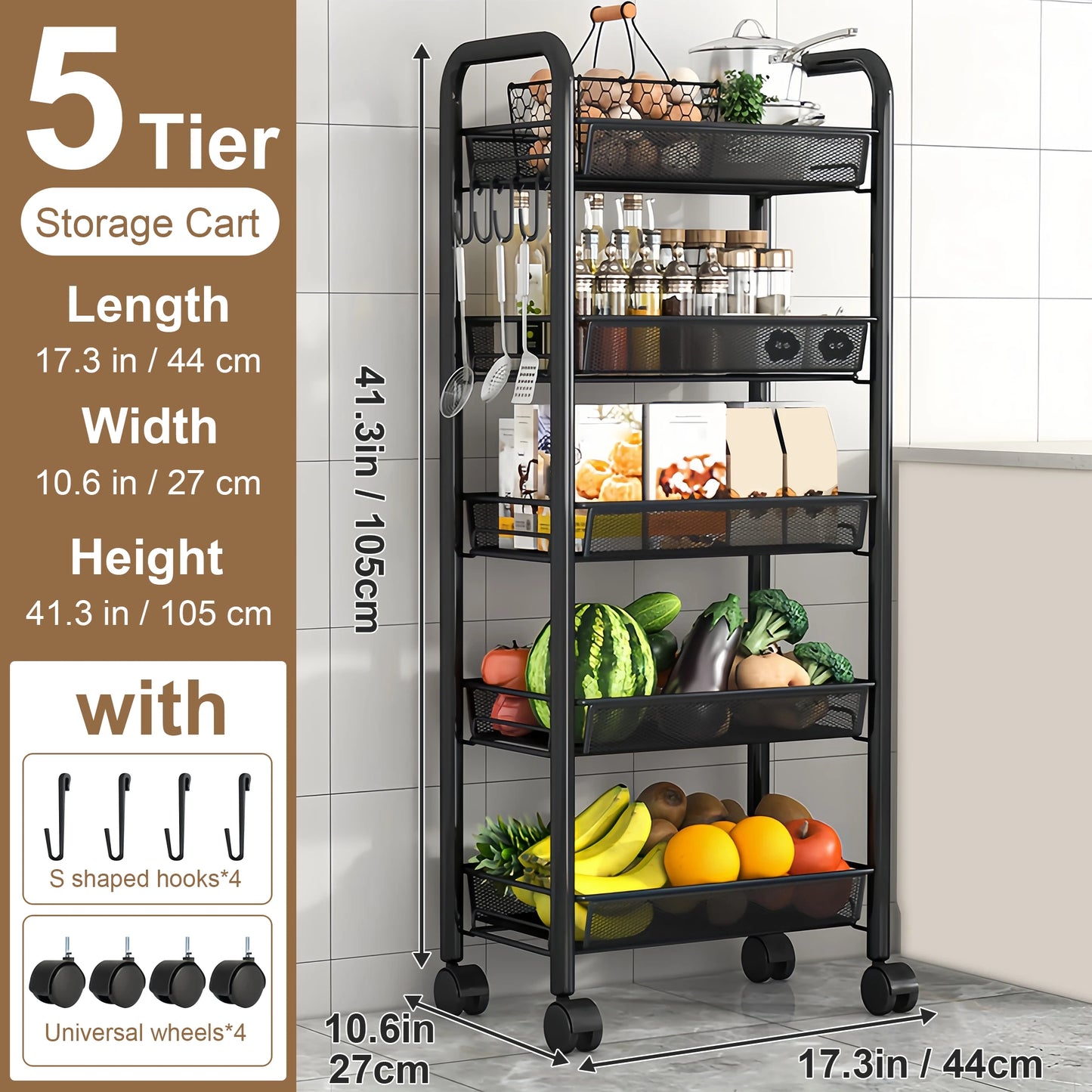 Multilayer Kitchen Storage Rack Metal Utility Cart Stackable with Wheels Multifunctional Shelf for Storing Fruits and Vegetables