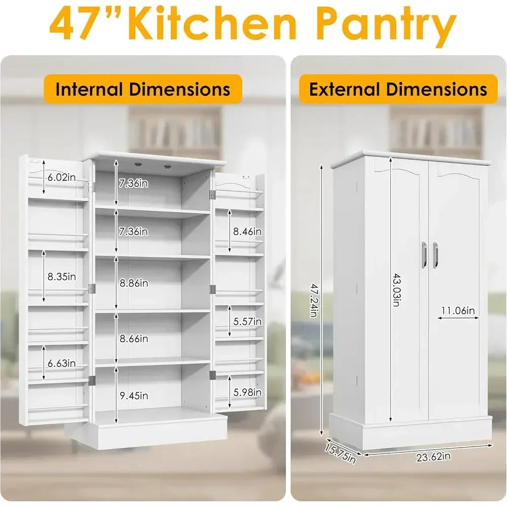 White Freestanding Kitchen Pantry Cabinet with Adjustable Shelves for Dining and Living Rooms