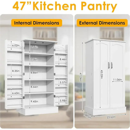 White Freestanding Kitchen Pantry Cabinet with Adjustable Shelves for Dining and Living Rooms