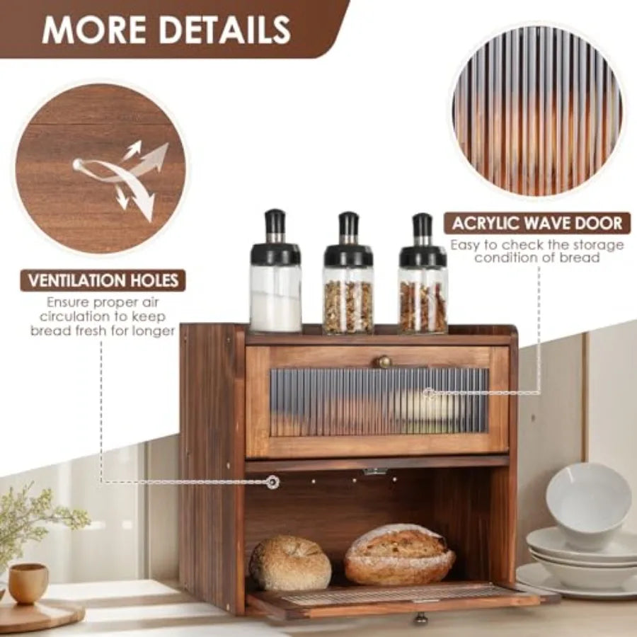 Bread Box for Kitchen Countertop Wooden Bread Storage Container