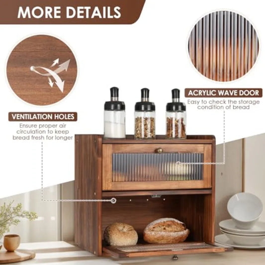 Bread Box for Kitchen Countertop Wooden Bread Storage Container