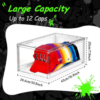 2 Pack Hat Organizer for Baseball Caps, Clear Hats Holder Box with Drawer, Large Cap Storage with Sliding Tray, Stackable Rack