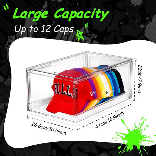 2 Pack Hat Organizer for Baseball Caps, Clear Hats Holder Box with Drawer, Large Cap Storage with Sliding Tray, Stackable Rack