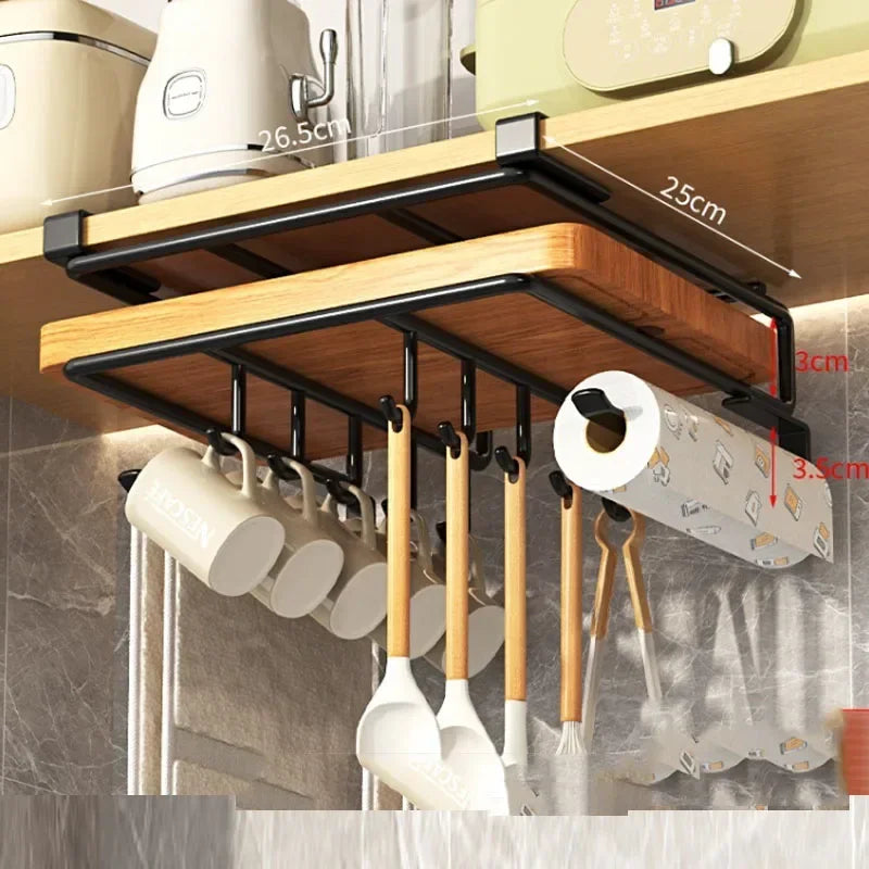 Kitchen Hanging Organizer Rack with Hooks Under Cupboard Paper Towel Rags Hanger Cutting Board Pot Cover Holder Storage Shelf