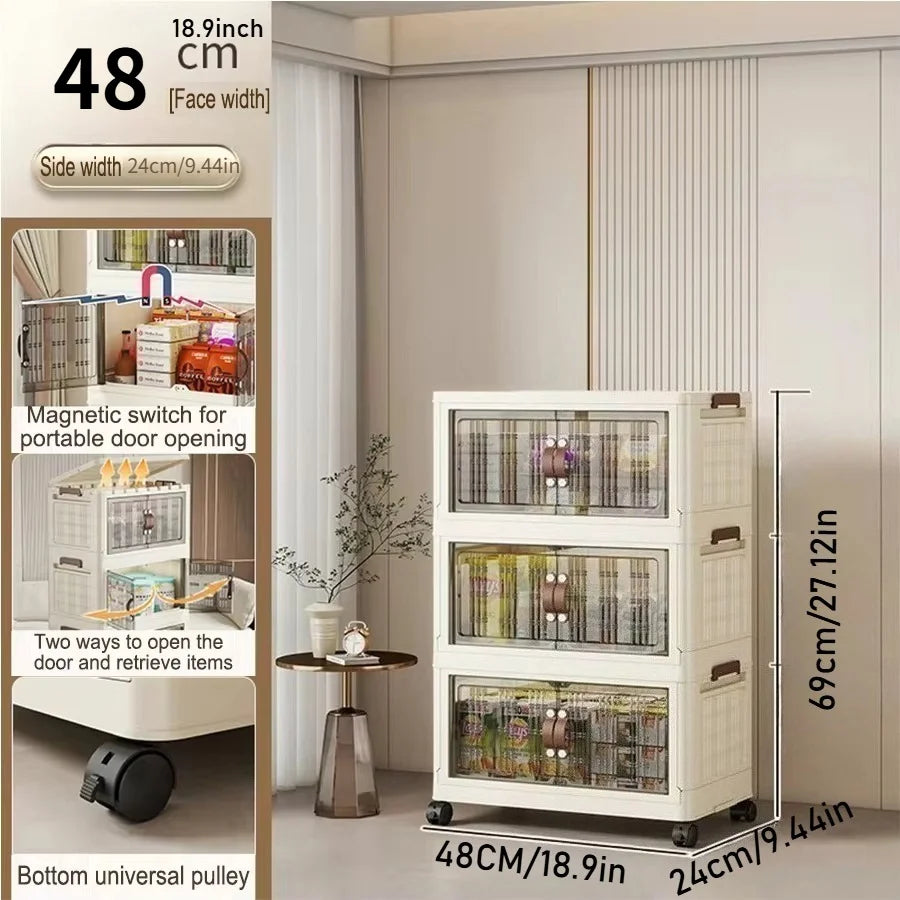 Stackable Plastic Storage Cabinet - Large Capacity with Doors & Wheels, Easy to Assemble, Closed Durable Design, for Bedroom