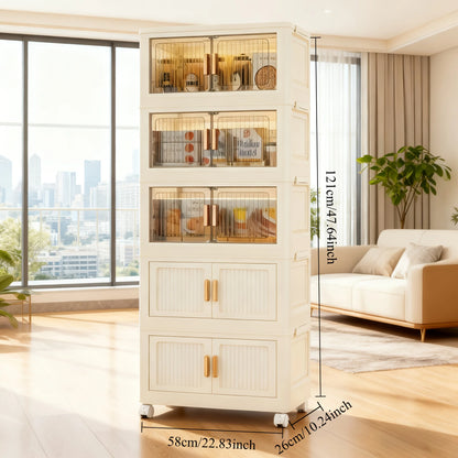 Oversized 3-5 Tier Foldable Storage Cabinet with Wheels, No Assembly Magnetic Doors Organizer for Living Room, Bedroom & Office
