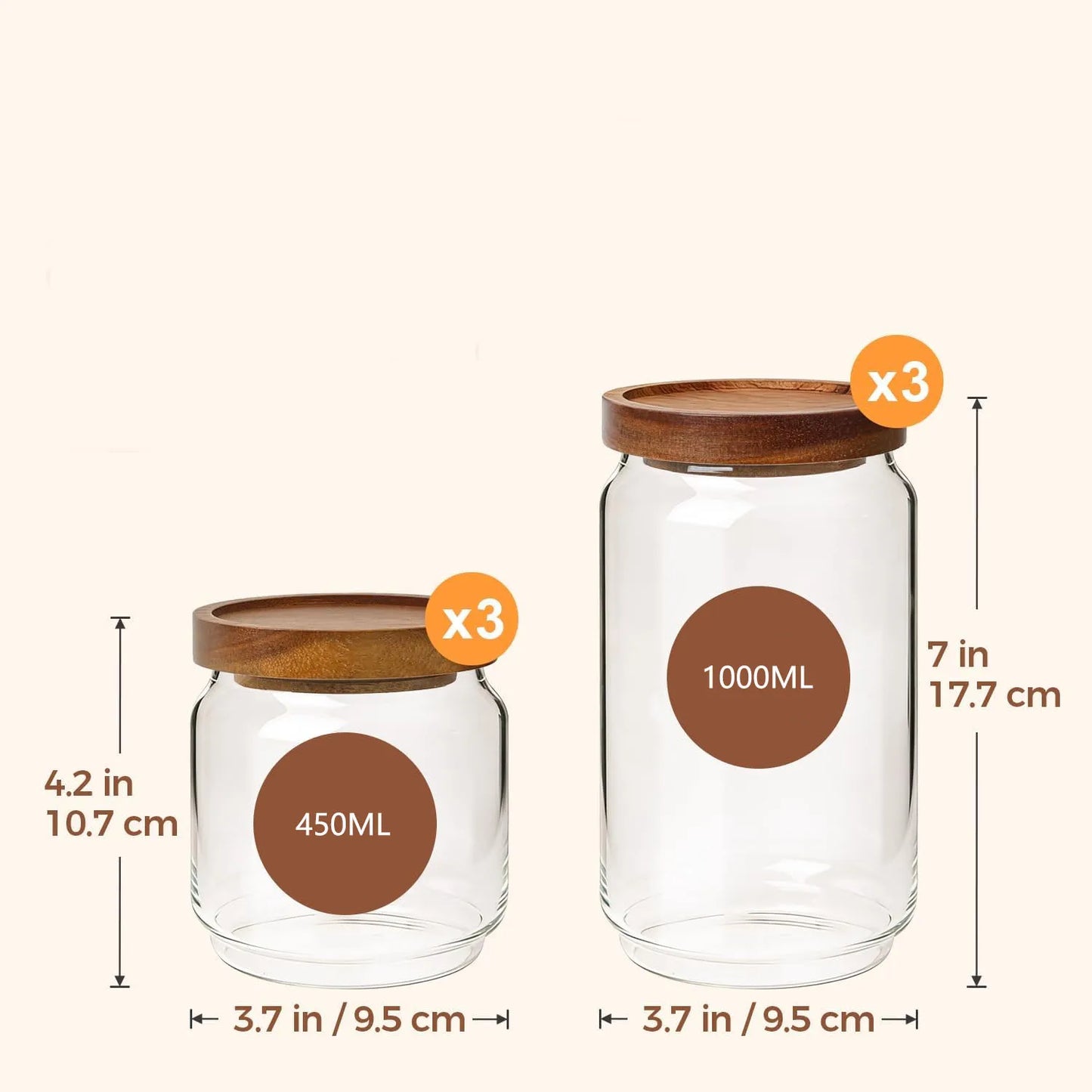 6PCS Glass Pantry Storage Container with Acacia Wood Lid,Airtight Glass Canister with Stacked Design for Orderly Organizing