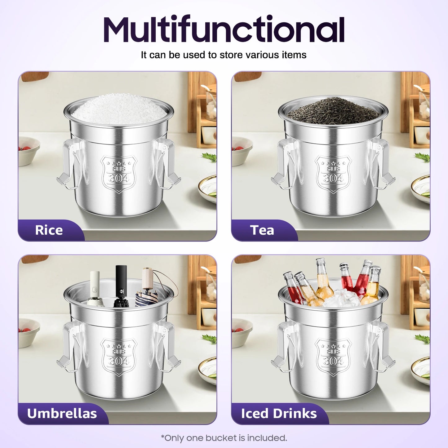 304 Stainless Steel 6L Grain Container, Countertop Rice Dispenser for Kitchen Hotel Canteen