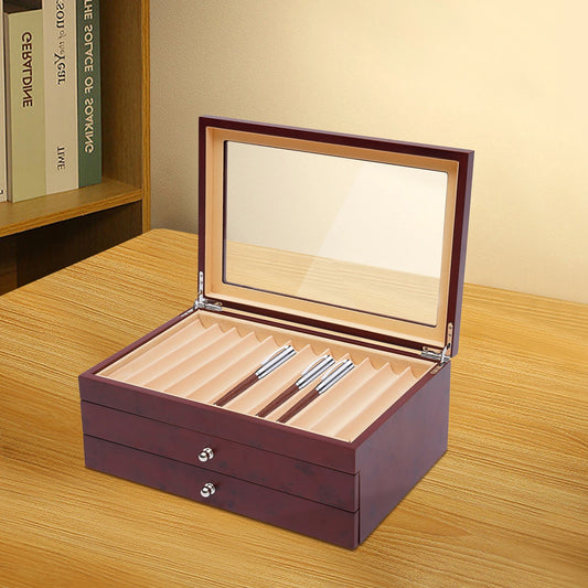 3-Tiers Retro Rosewood Pen Display Box Pen Collection Box with Clear Lid Pen Storage Box School Stationery Organizer Supples