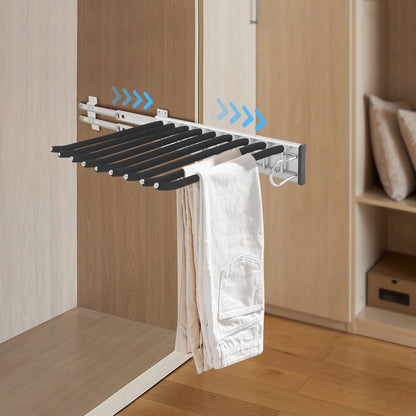Pull Out Trousers Rack 9 Rods Retractable Wardrobe Pants Organizer Left/Right Wall Mount Space-Saving Closet Storage Rack