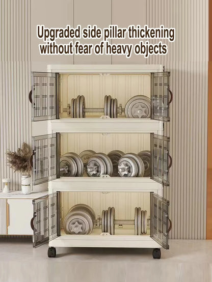 Stackable Plastic Storage Cabinet - Large Capacity with Doors & Wheels, Easy to Assemble, Closed Durable Design, for Bedroom